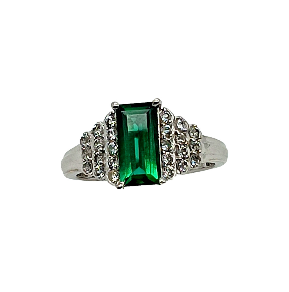 Lab-Created Emerald & White Topaz Ring in Platinum Plated Sterling Silver Size 7